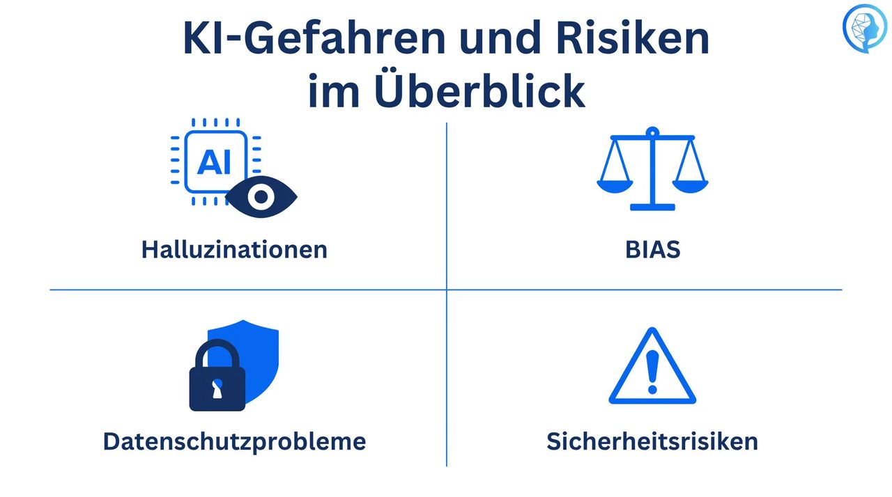 Infografik zu den wichtigsten KI-Gefahren wie Halluzinationen und Bias für Unternehmen