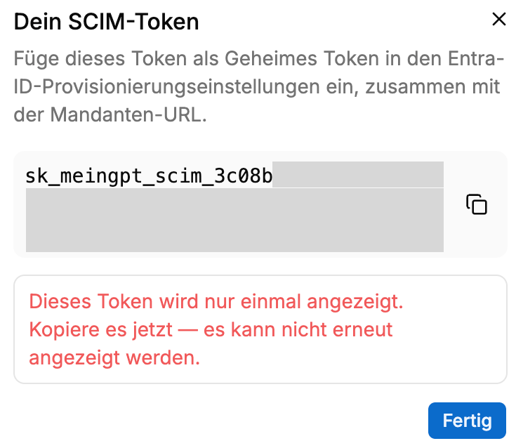 Dialog „Dein SCIM-Token" — das Token wird nur einmal angezeigt und muss sofort kopiert werden