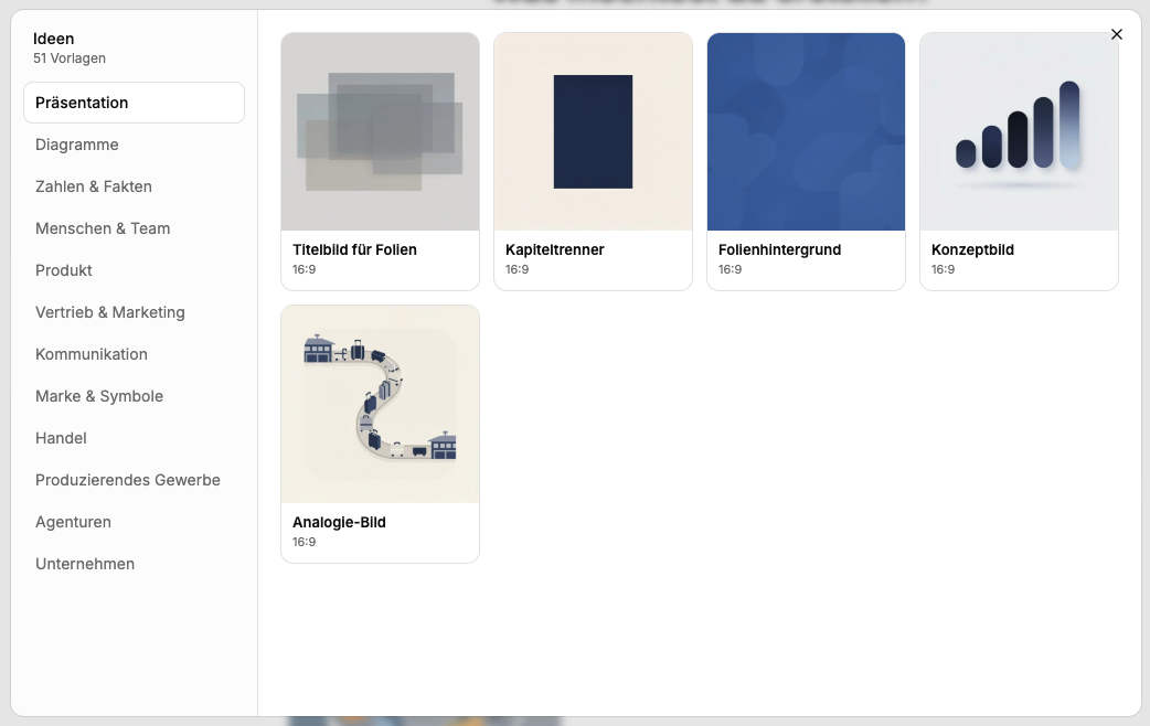 Screenshot der Ideen-Sammlung: Kategorien links, Ideen-Kacheln rechts.
