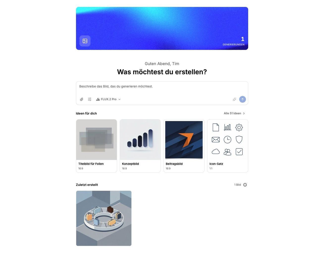 Screenshot der Images-App: ein Eingabefeld oben, Ideen-Vorschläge darunter und ein Raster zuletzt erstellter Bilder.