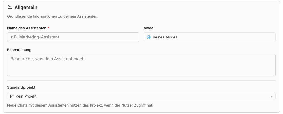 Name, Modell, Beschreibung und Projekt im Bereich Allgemein