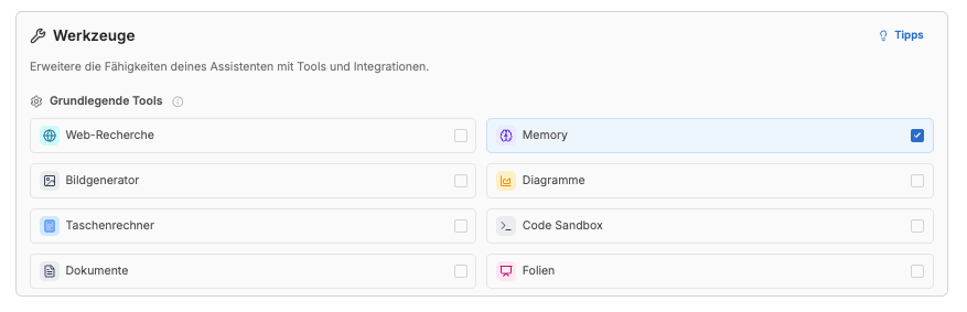 Memory unter Grundlegende Tools aktivieren