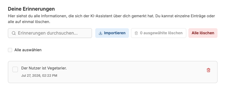 Memory-Seite in den Einstellungen