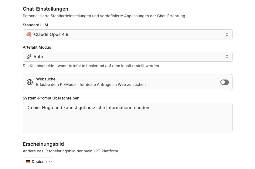 Präferenzen-Seite in den Einstellungen mit Chat-Einstellungen und Erscheinungsbild