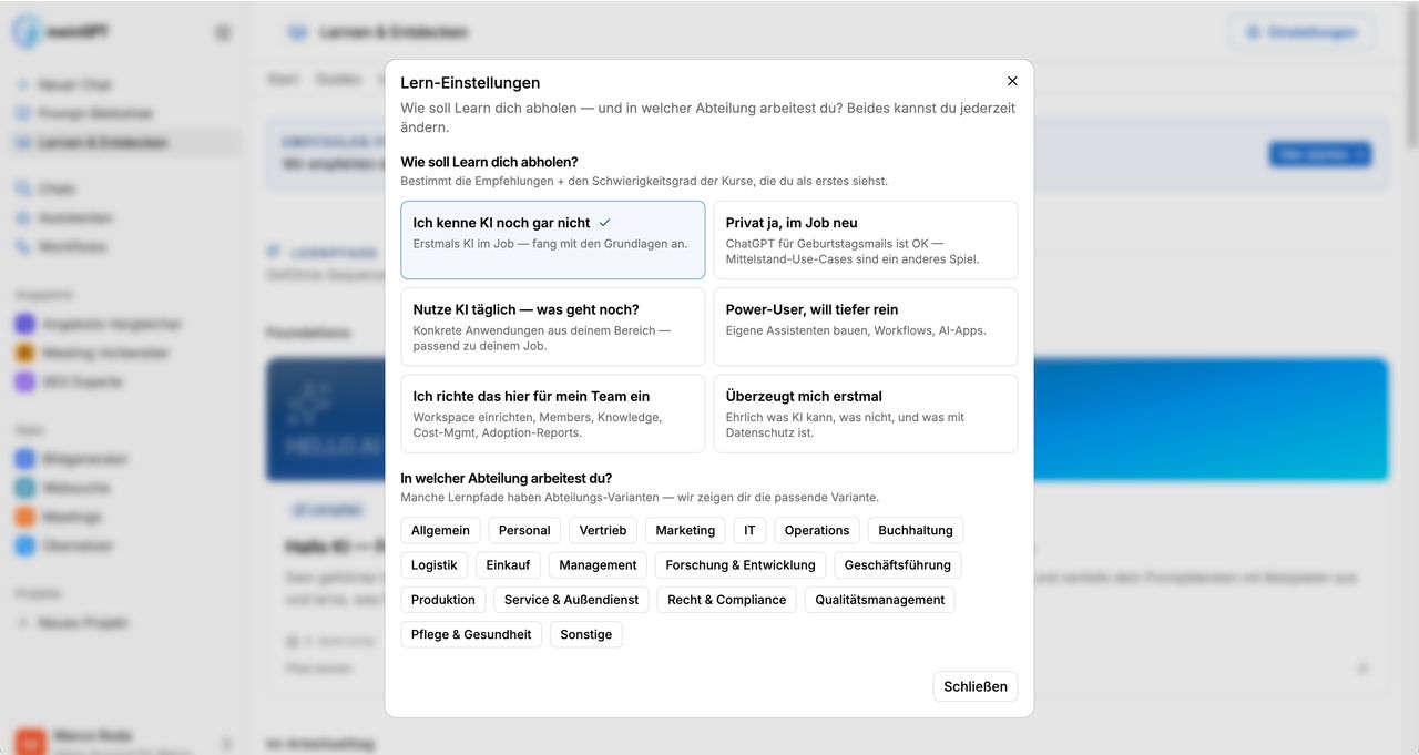 Lern-Einstellungen: Kenntnisstand und Abteilung