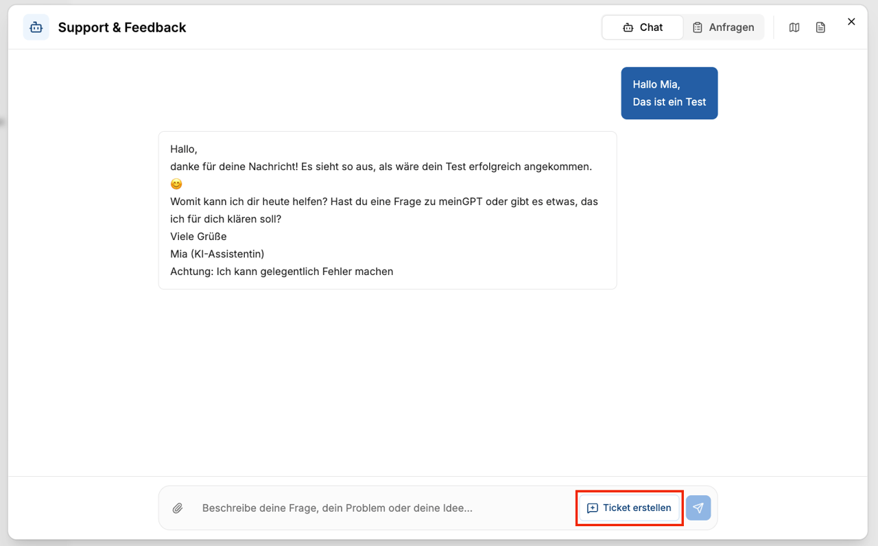 Chat mit Mia mit hervorgehobener Schaltfläche „Ticket erstellen"