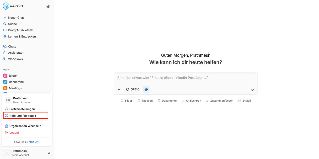 Nutzermenü mit hervorgehobenem Eintrag „Hilfe und Feedback"