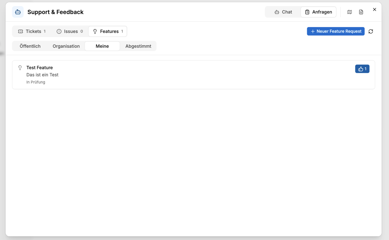 Reiter „Features" mit Schaltfläche „Neuer Feature Request"