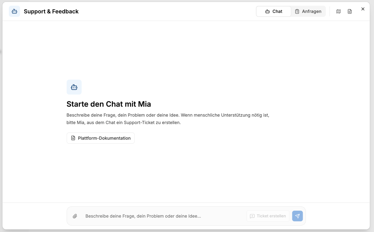 Fenster „Support & Feedback" mit dem Start des Chats mit Mia