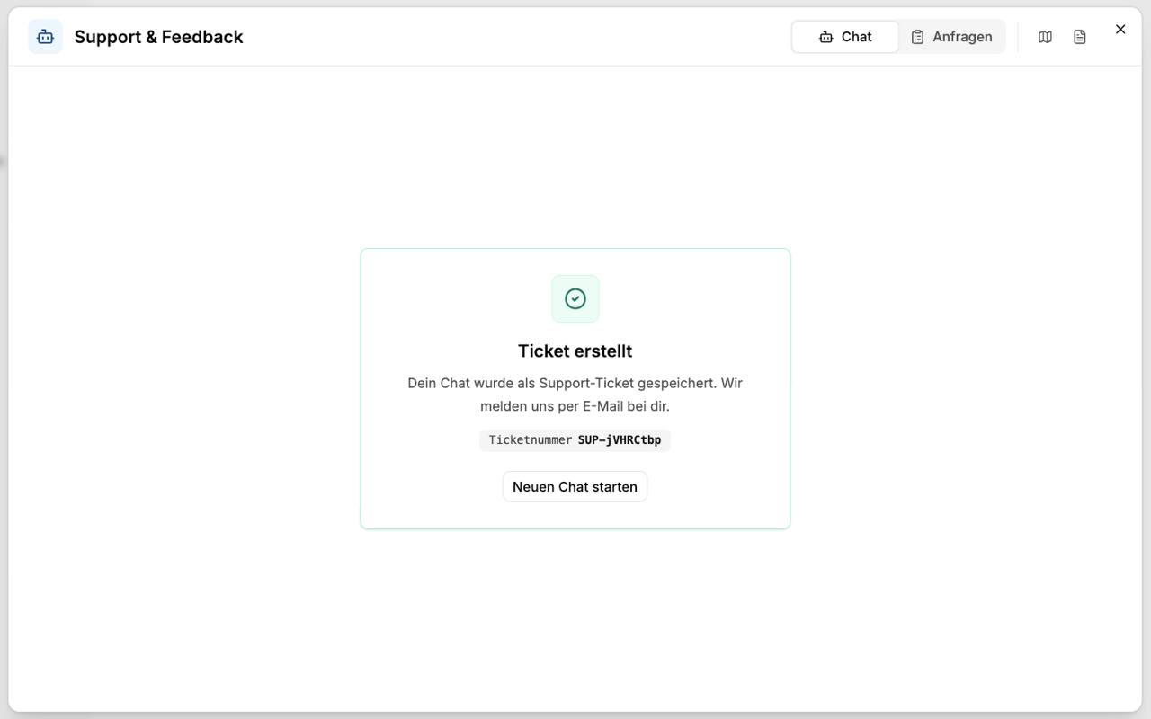 Bestätigung „Ticket erstellt" mit Ticketnummer