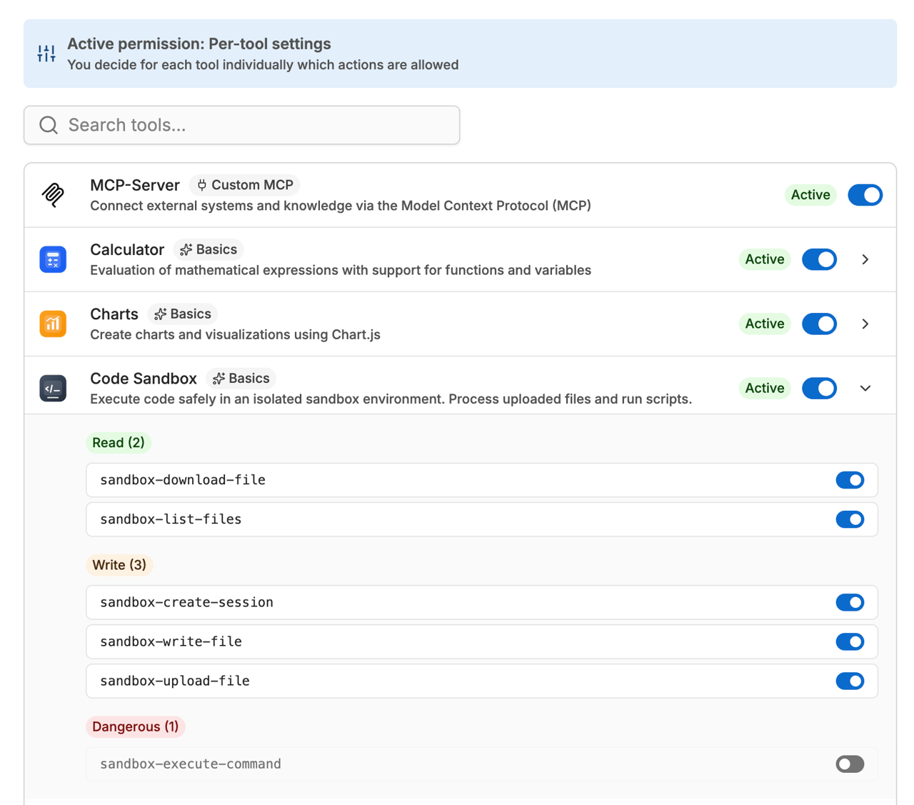 Tool-Verwaltung: Ausgeklappte Methodentabelle im CUSTOM-Modus