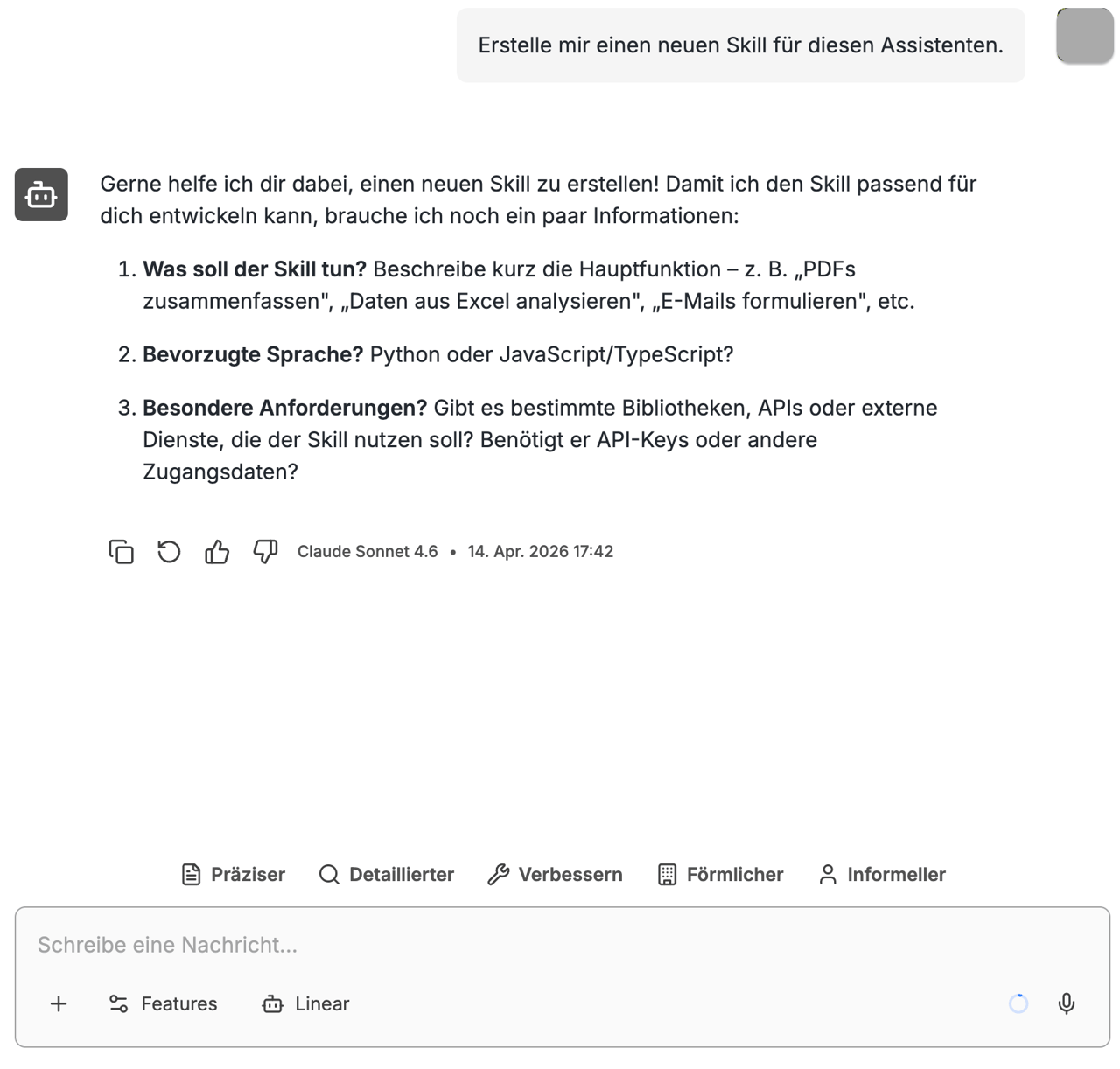 Rückfragen des Assistenten nach dem Absenden der vorausgefüllten Nachricht
