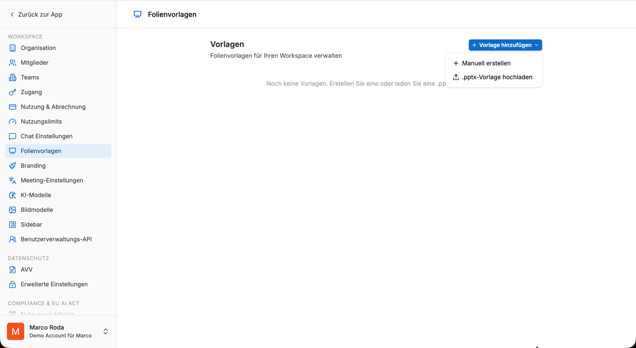 Dropdown „Vorlage hinzufügen" mit den Optionen „Manuell erstellen" und „.pptx-Vorlage hochladen"