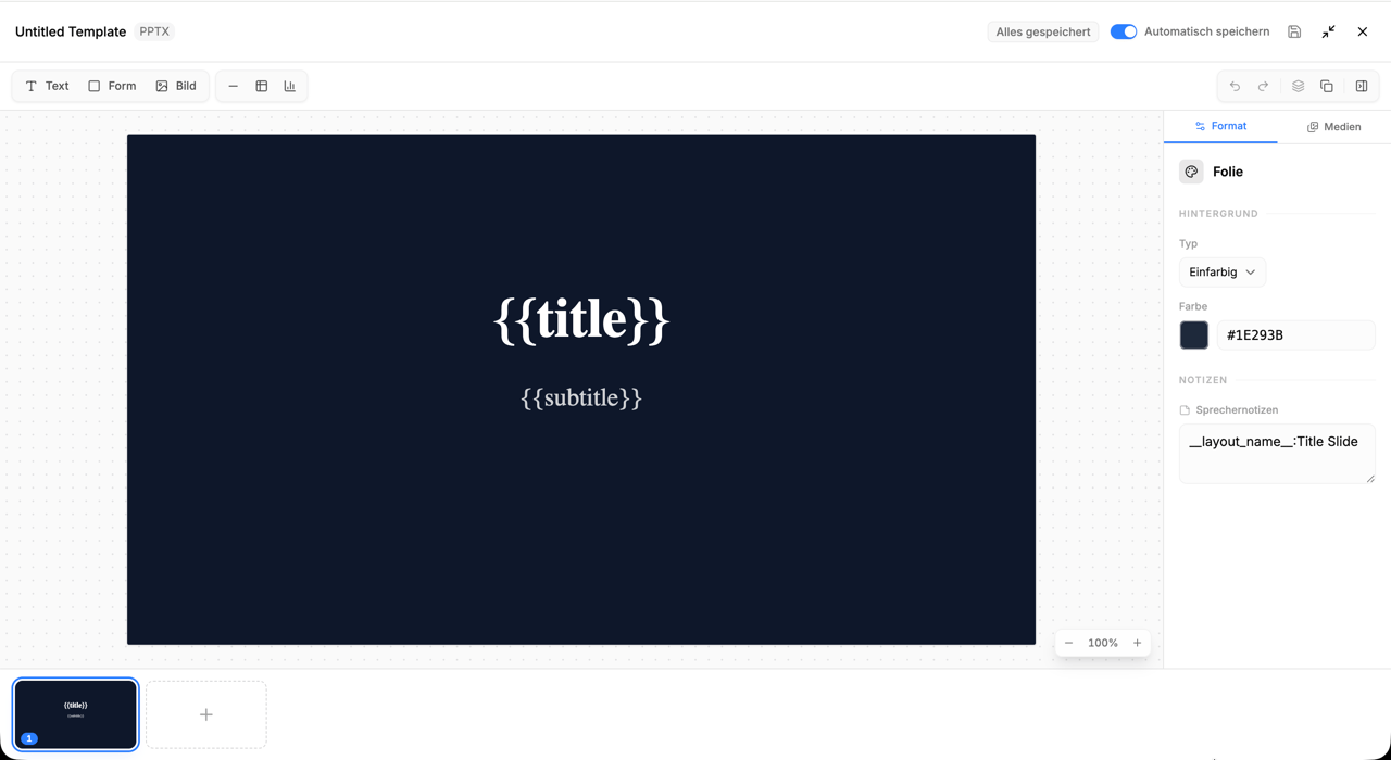 Folien-Editor mit Titelfolie, sichtbaren Platzhaltern „{{title}}" und „{{subtitle}}" und der Layout-Notiz „layout_name:Title Slide"