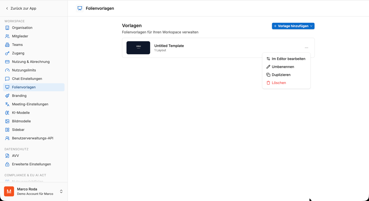 Kontextmenü an einer Vorlage mit den Aktionen „Im Editor bearbeiten", „Umbenennen", „Duplizieren", „Löschen"