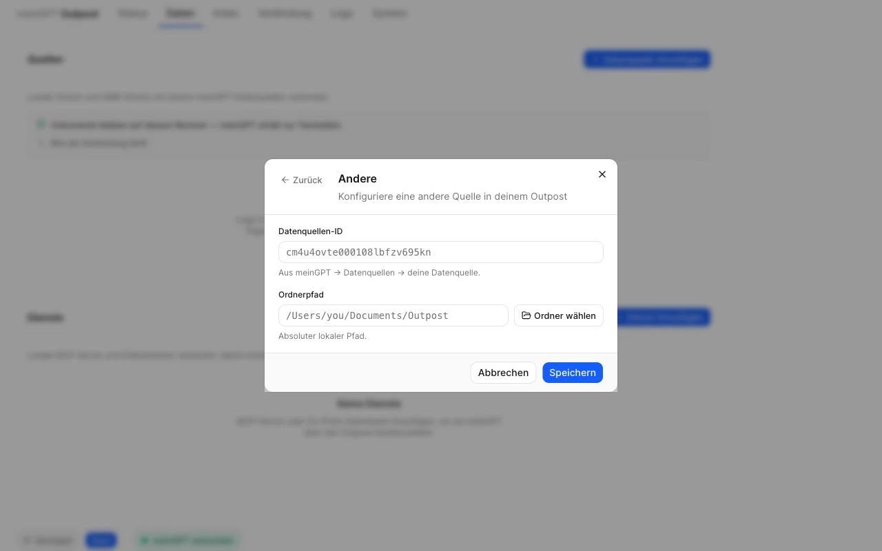 Der Dialog „Datenquelle verbinden“ mit den Feldern Datenquellen-ID und Ordnerpfad