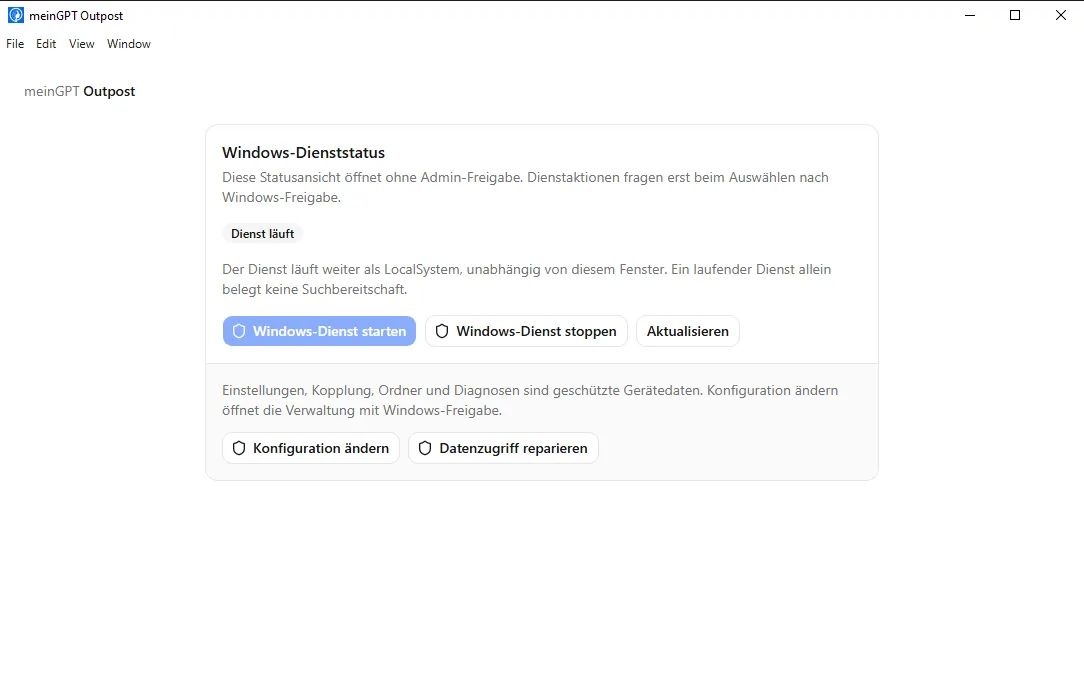 Der Windows-Dienststatus des installierten Outposts: der Dienst läuft, Statusaktualisierung ist ohne Admin-Freigabe möglich, Dienststeuerung und Konfigurationsänderung sind als geschützte Aktionen gekennzeichnet.