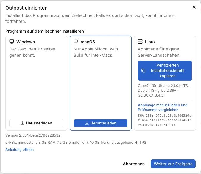 Der Dialog „Outpost einrichten“ mit den drei Kacheln Windows, macOS und Linux — macOS und Linux mit ihrer jeweiligen Installationsaktion.