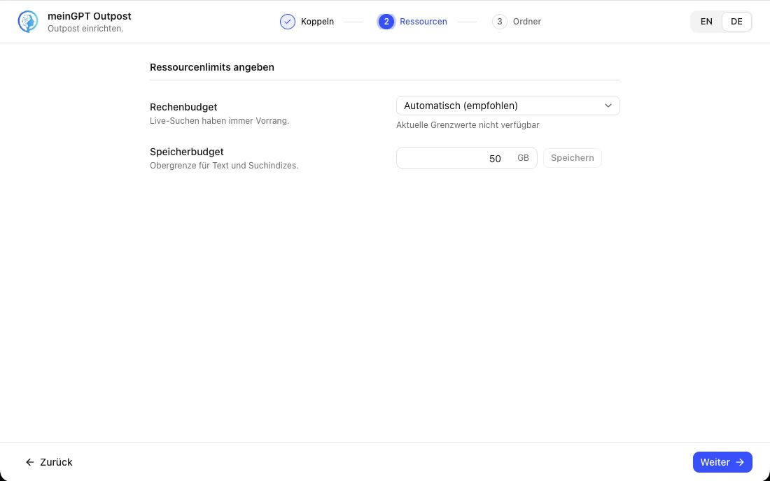 Der Schritt „Ressourcen einstellen“: Rechenbudget-Auswahl und Speicherbudget in GB.
