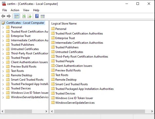 Die Windows-Zertifikatsverwaltung für den lokalen Computer; „Trusted Root Certification Authorities“ ist als Speicher für vertrauenswürdige Stammzertifikate sichtbar.