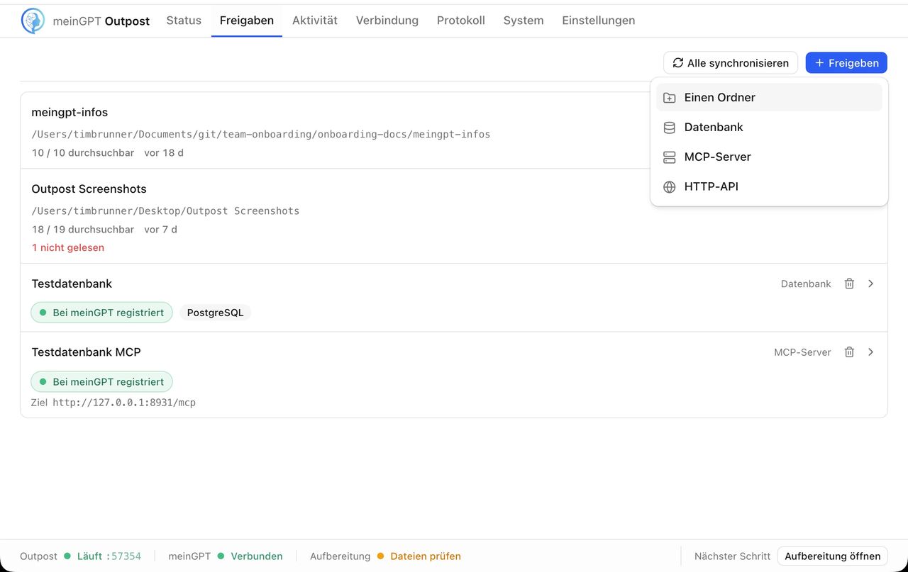 Das geöffnete Freigeben-Menü im Outpost mit den vier Optionen Einen Ordner, Datenbank, MCP-Server und HTTP-API.
