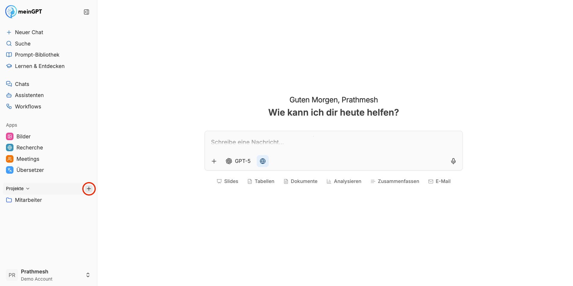 Projekt in der Seitenleiste erstellen