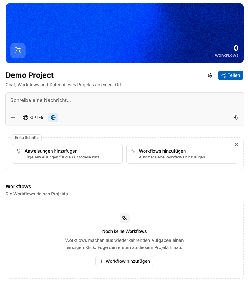 Benutzeroberfläche der Projekt-Startseite