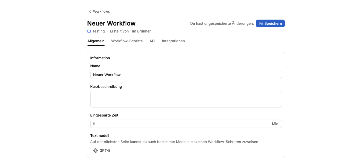 Der Informationen-Tab des Workflow-Editors: Name, Beschreibung, eingesparte Zeit und Textmodell