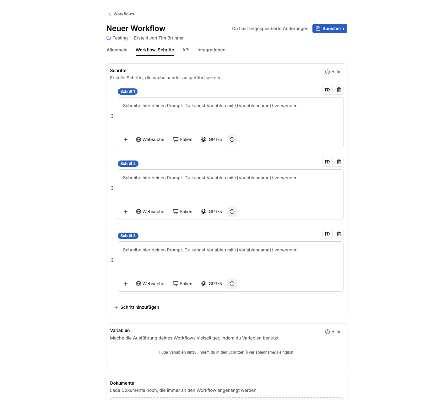 Der Schritte-Tab des Workflow-Editors: Prompt-Schritte, Variablen, Dokumente und Ausgabe